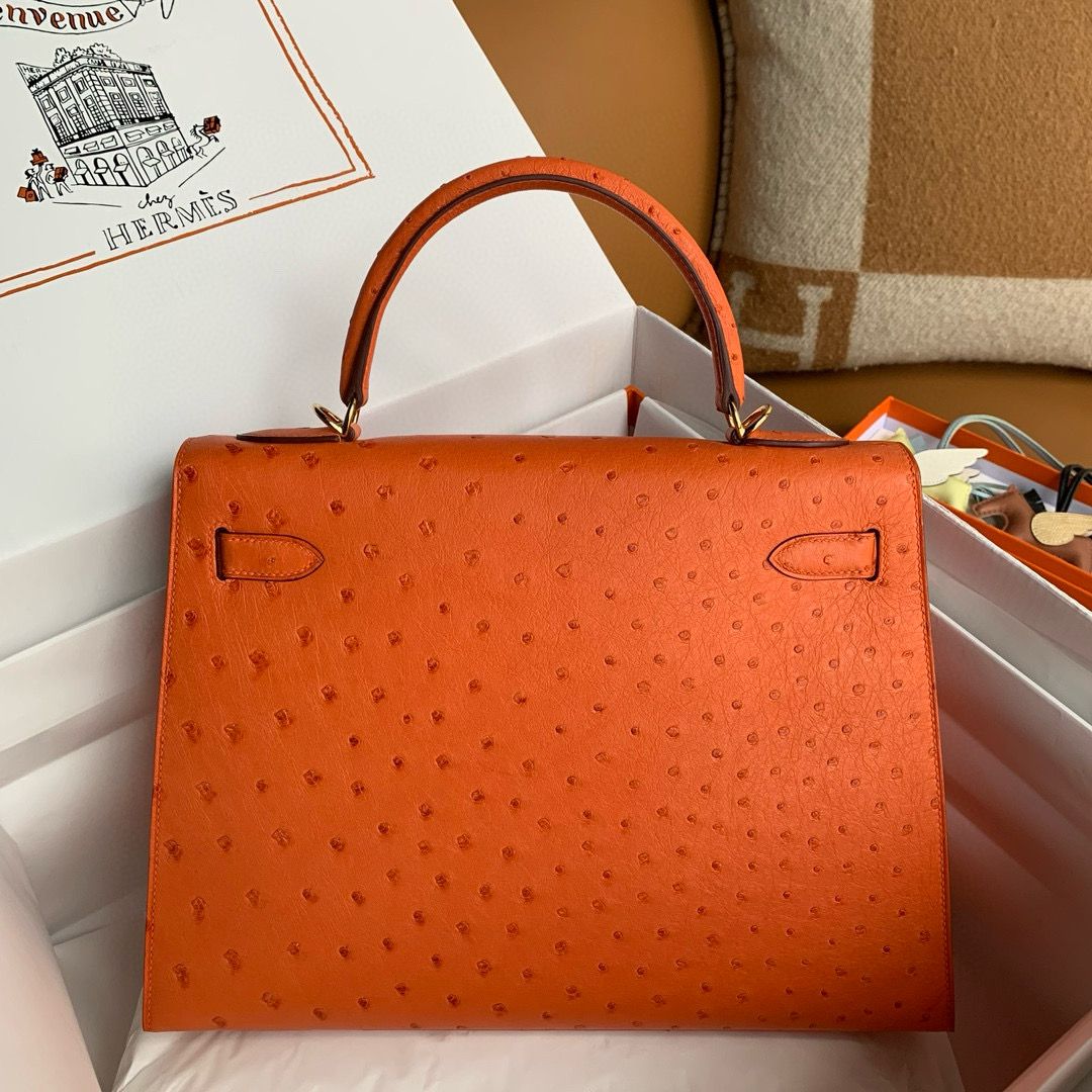 Hermes Kelly Sellier 32 Handmade Bag in Orange Ostrich Leather - Image 7