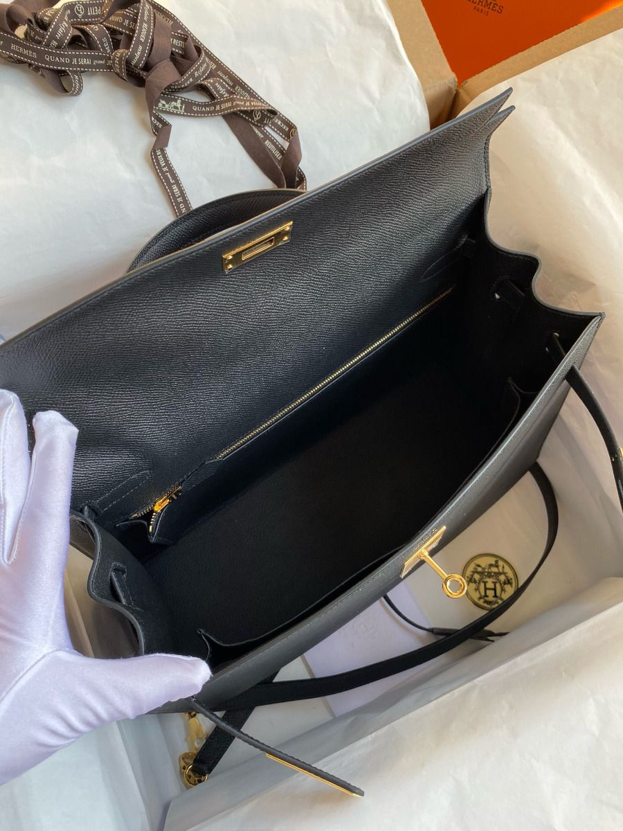 Hermes Kelly Sellier 35 Handmade Bag In Black Epsom Calfskin - Image 9