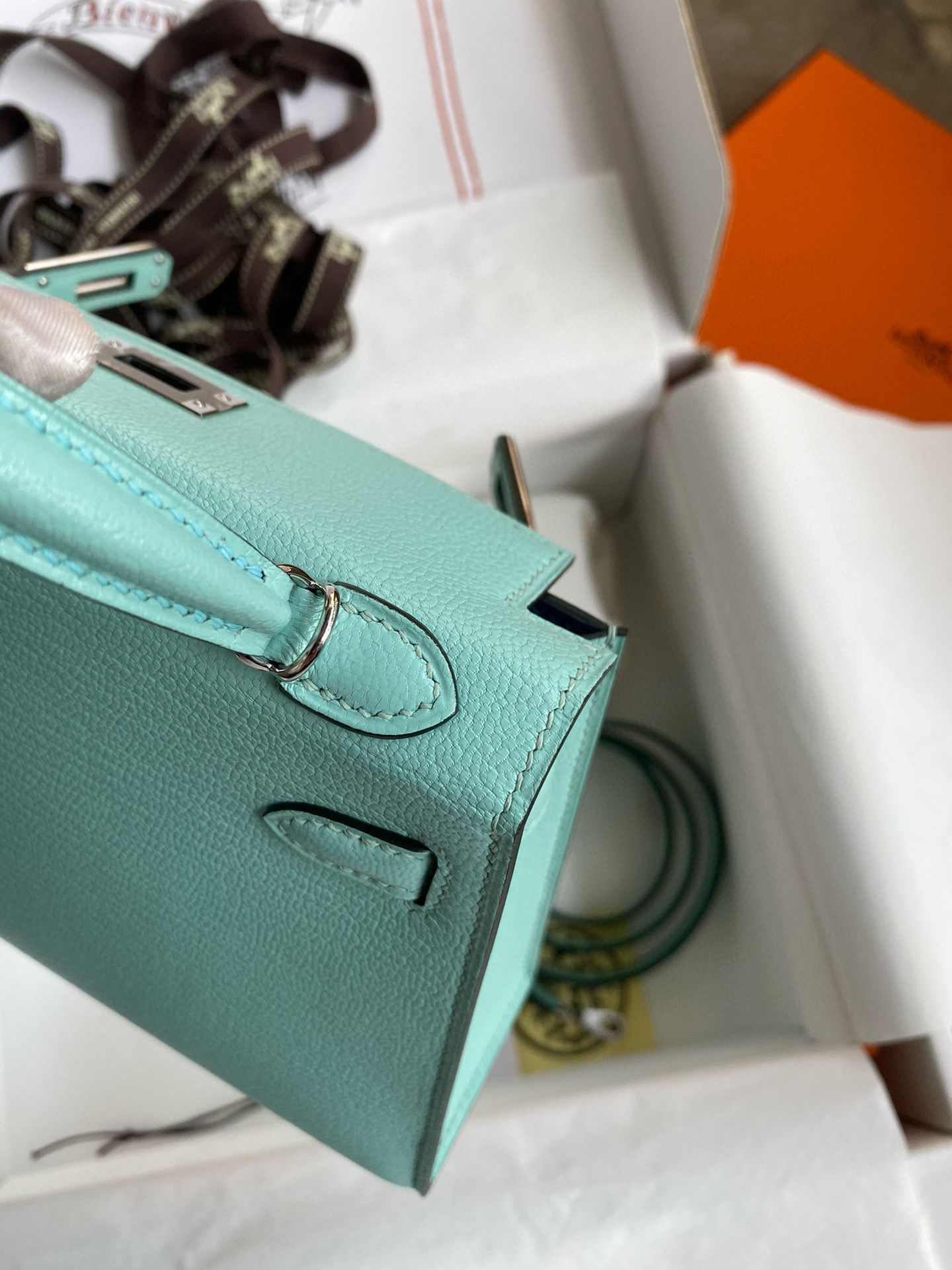 Hermes Kelly Mini II Verso Sellier Handmade Bag in Aqua Chevre Mysore Goatskin - Image 8