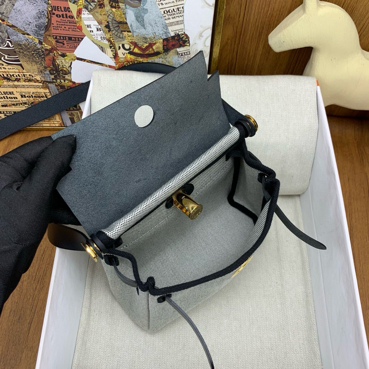 Hermes Herbag Zip 20 Bag in Grey Canvas and Black Hunter Calfskin - Image 6