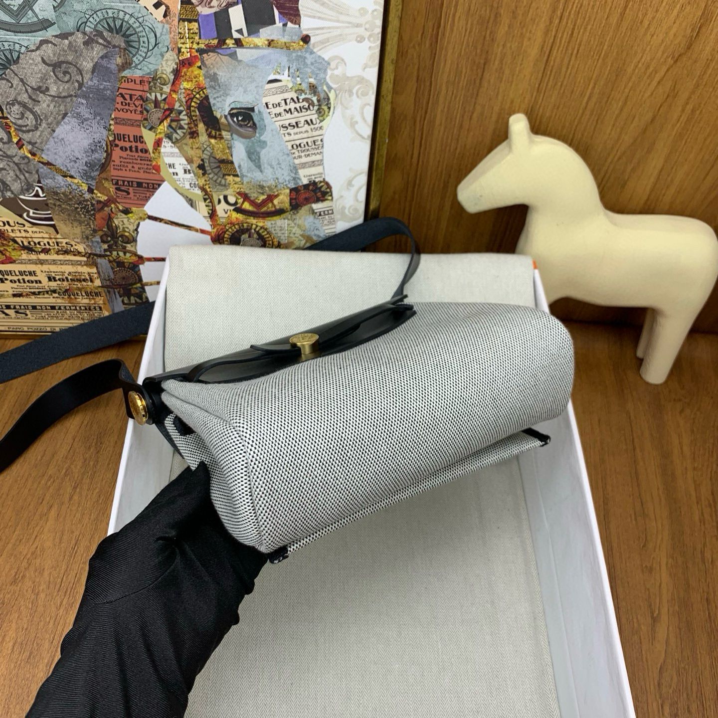 Hermes Herbag Zip 20 Bag in Grey Canvas and Black Hunter Calfskin - Image 10