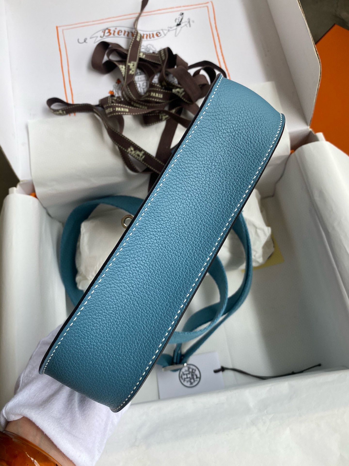 Hermes Jypsiere Mini Handmade Bag In Blue Jean Evercolor Calfskin - Image 6