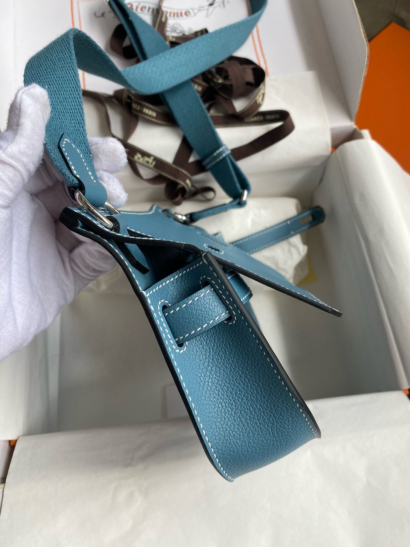 Hermes Jypsiere Mini Handmade Bag In Blue Jean Evercolor Calfskin - Image 7