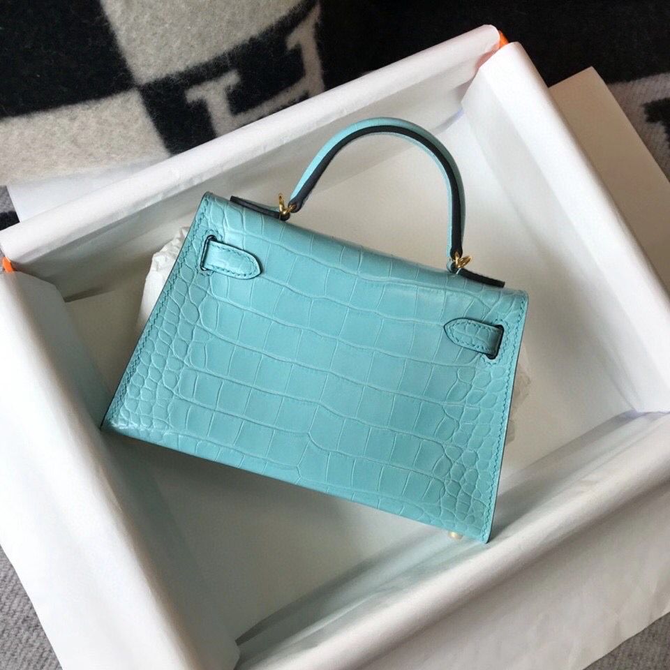 Hermes Kelly Mini II Handmade Bag In Blue Atoll Crocodile Embossed Leather - Image 3