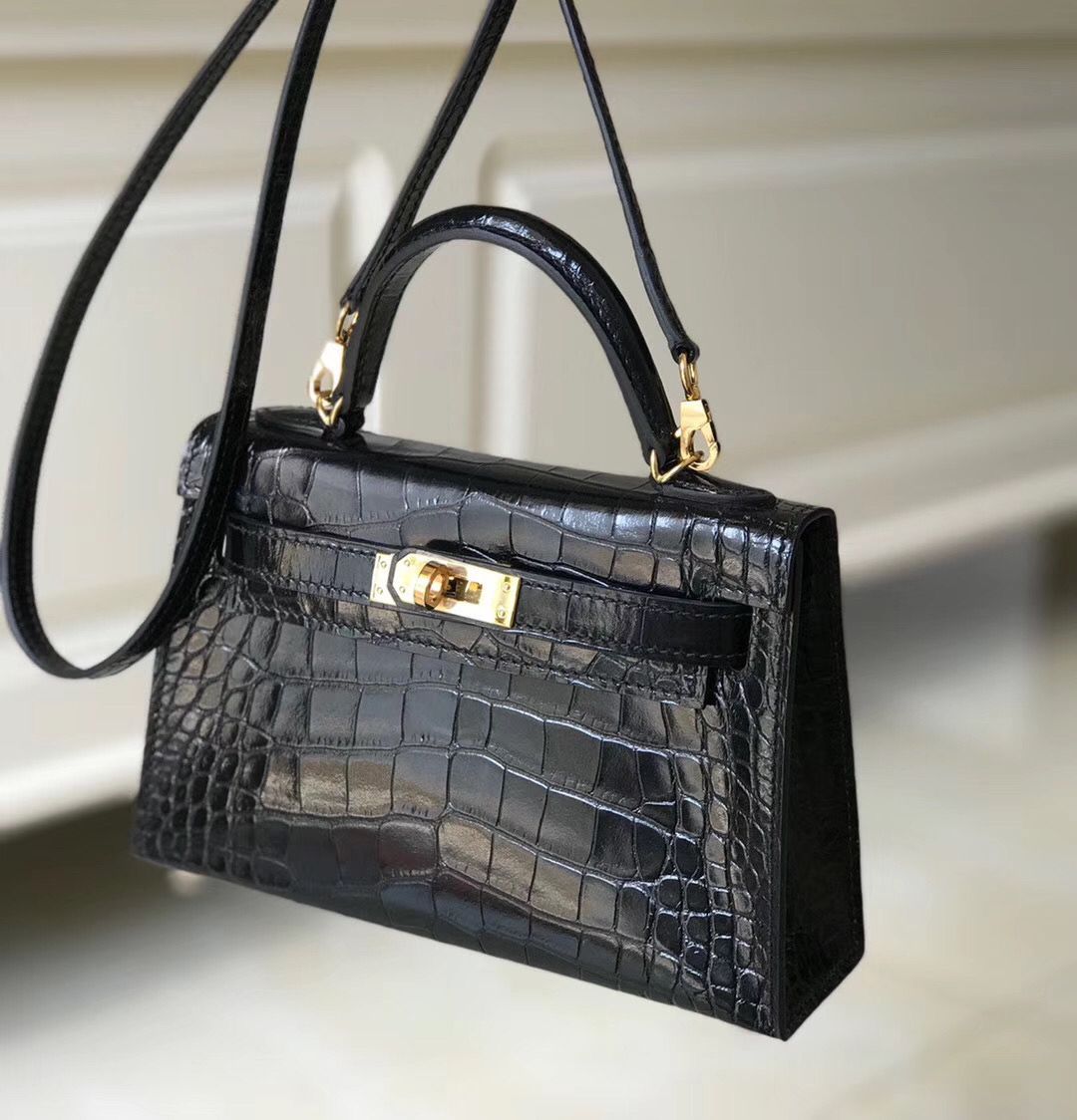 Hermes Kelly Mini II Handmade Bag In Black Crocodile Embossed Leather - Image 3