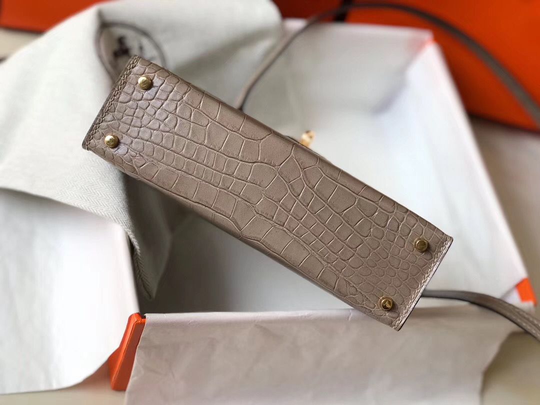 Hermes Kelly Mini II Handmade Bag In Grey Crocodile Embossed Leather - Image 8