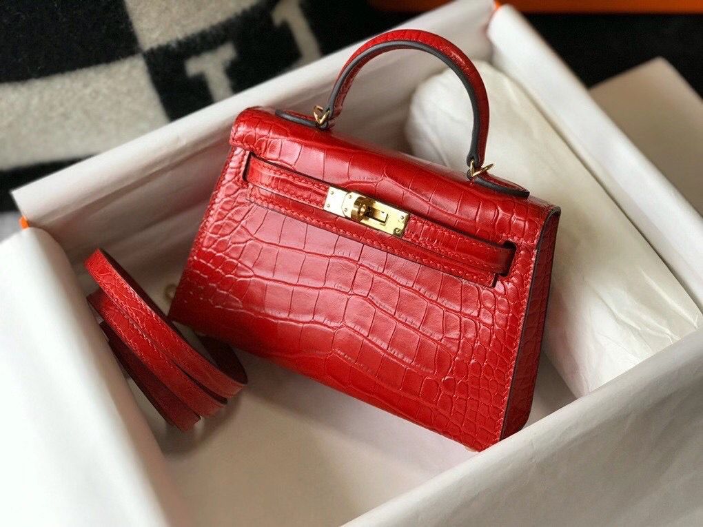 Hermes Kelly Mini II Bag In Red Embossed Crocodile Leather - Image 5