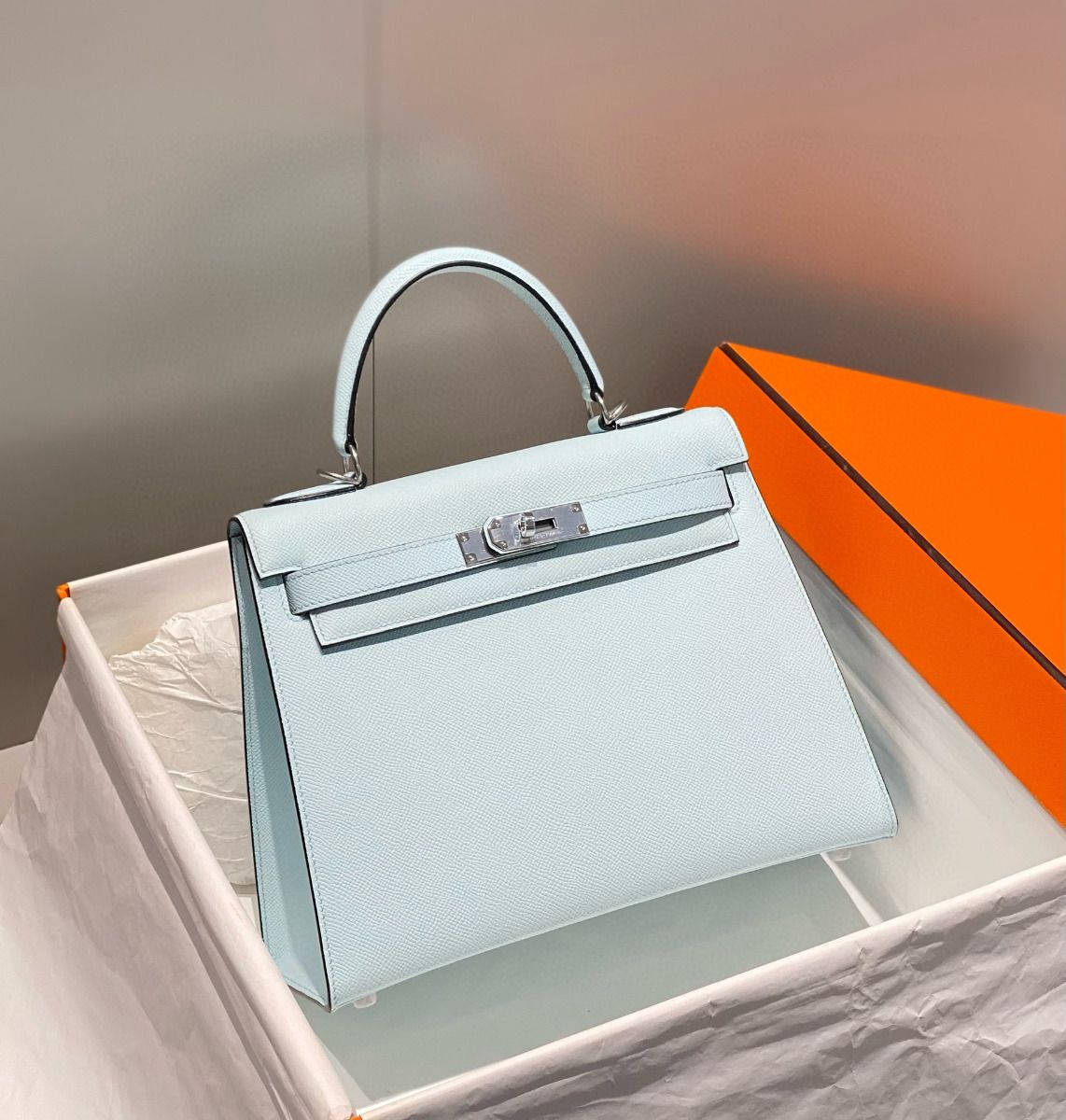 Hermes Kelly 25cm Sellier Bag In Blue Brume Epsom Leather - Image 5