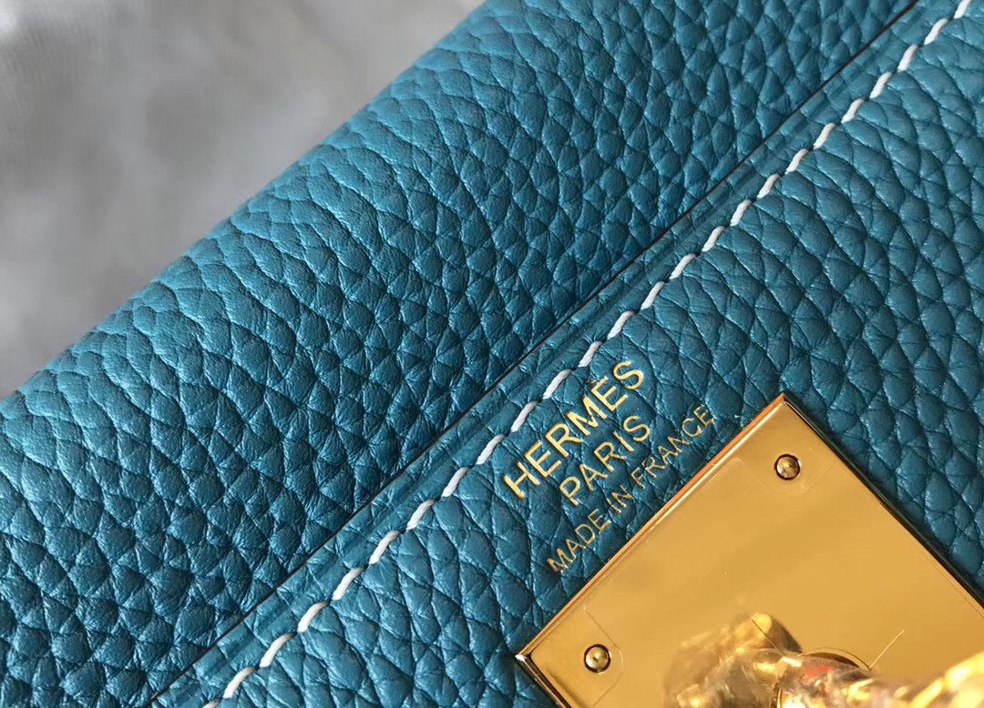 Hermes Kelly 32cm Bag In Blue Jean Clemence Leather GHW - Image 7