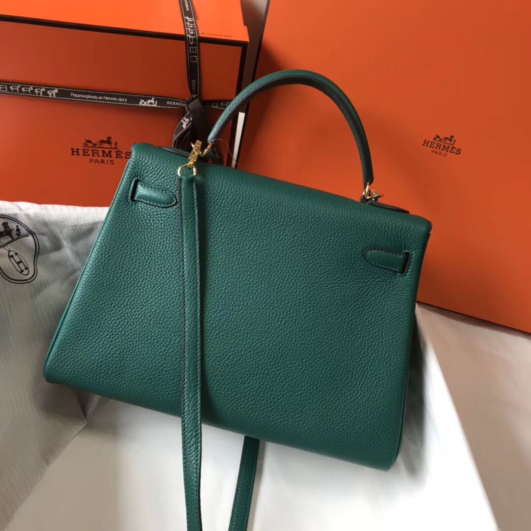 Hermes Kelly 32cm Bag In Malachite Clemence Leather GHW - Image 3