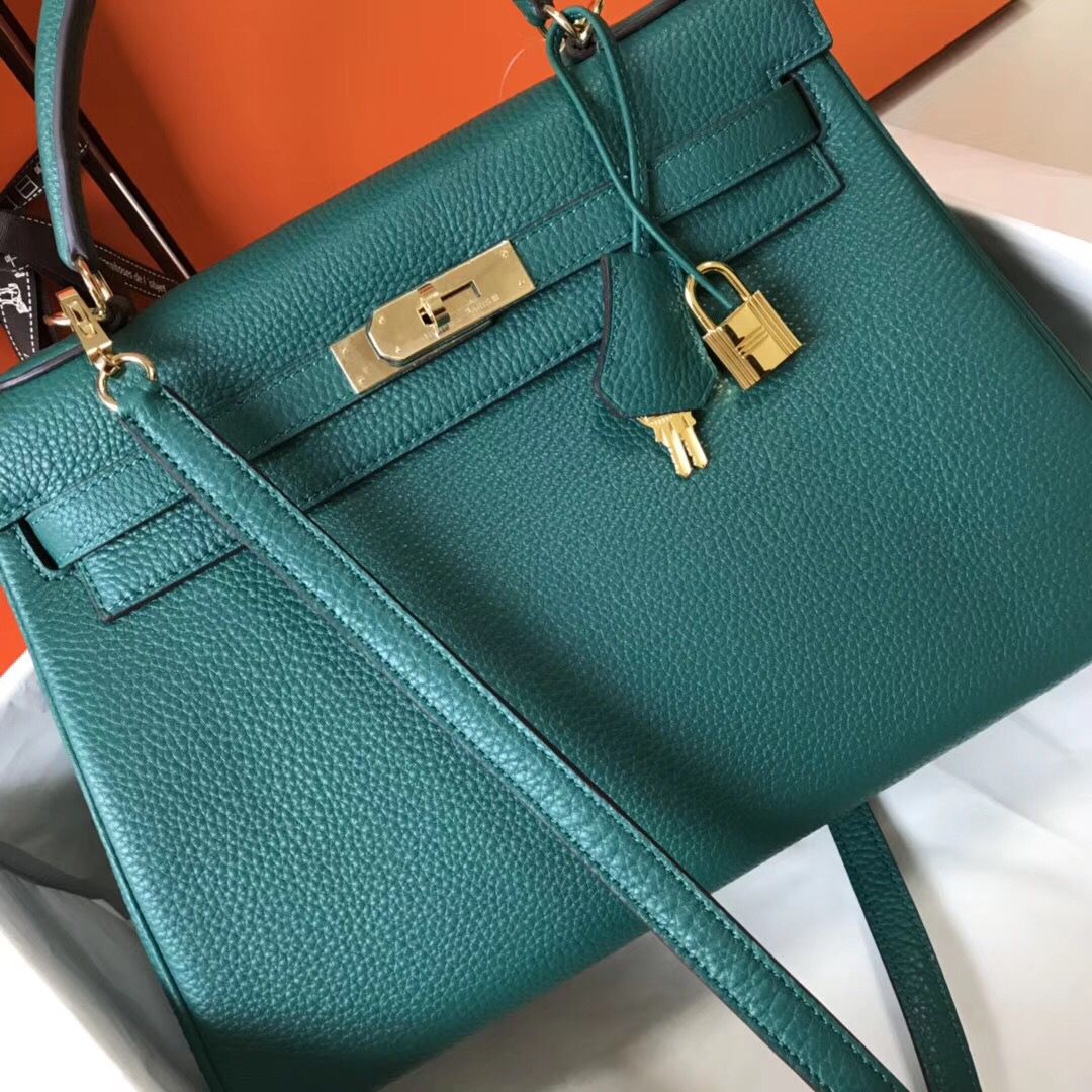 Hermes Kelly 32cm Bag In Malachite Clemence Leather GHW - Image 5