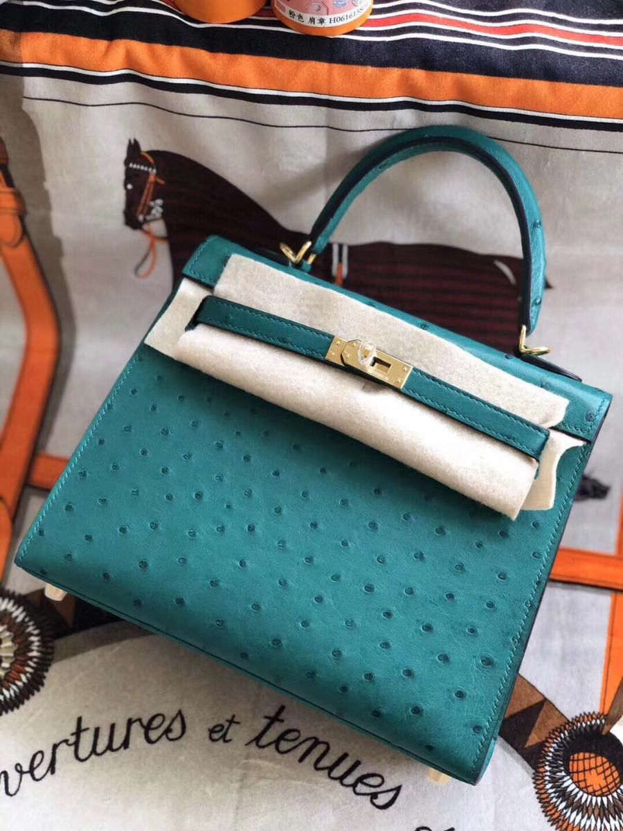 Hermes Kelly 25cm Handmade Bag In Vert Vertigo Ostrich Skin - Image 9