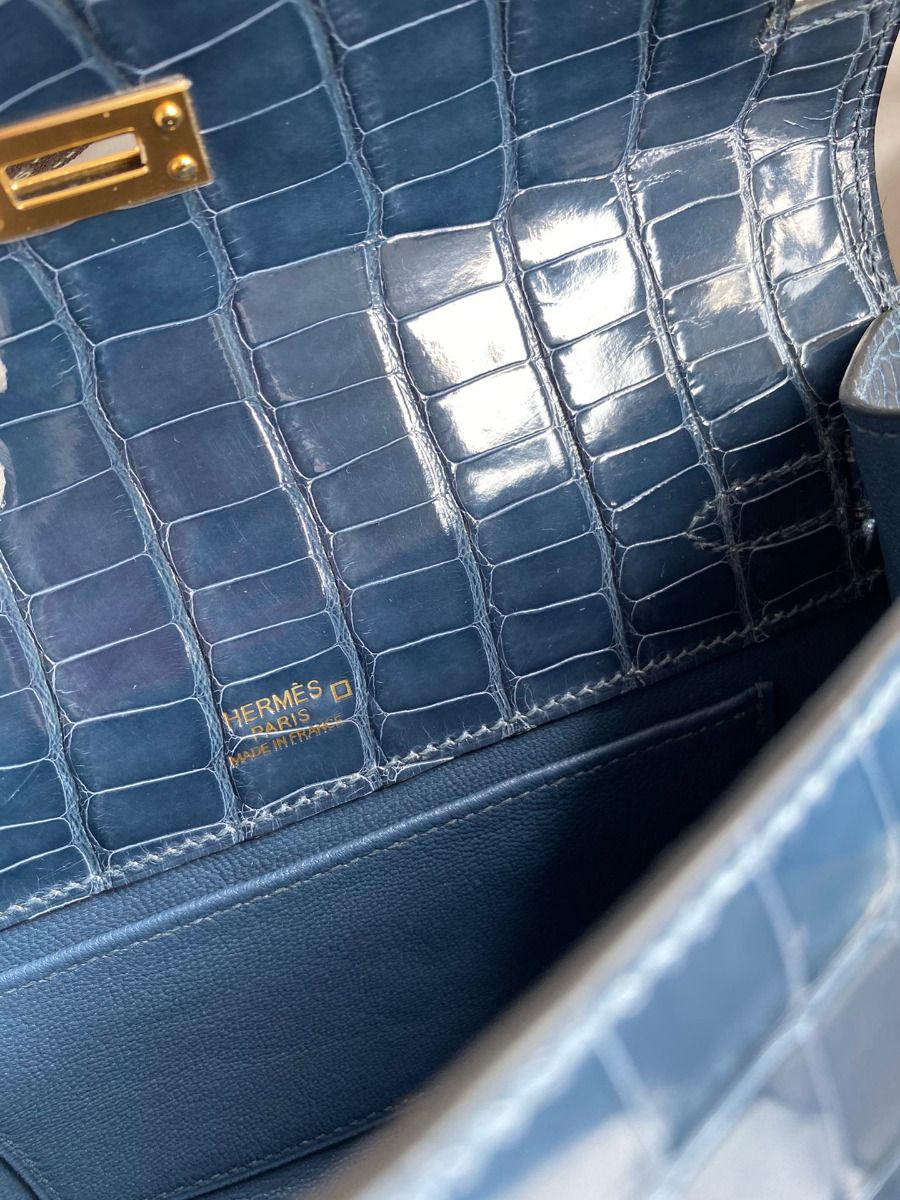 Hermes Kelly Pochette Handmade Bag In Vert Bosphore Shiny Alligator Leather - Image 10