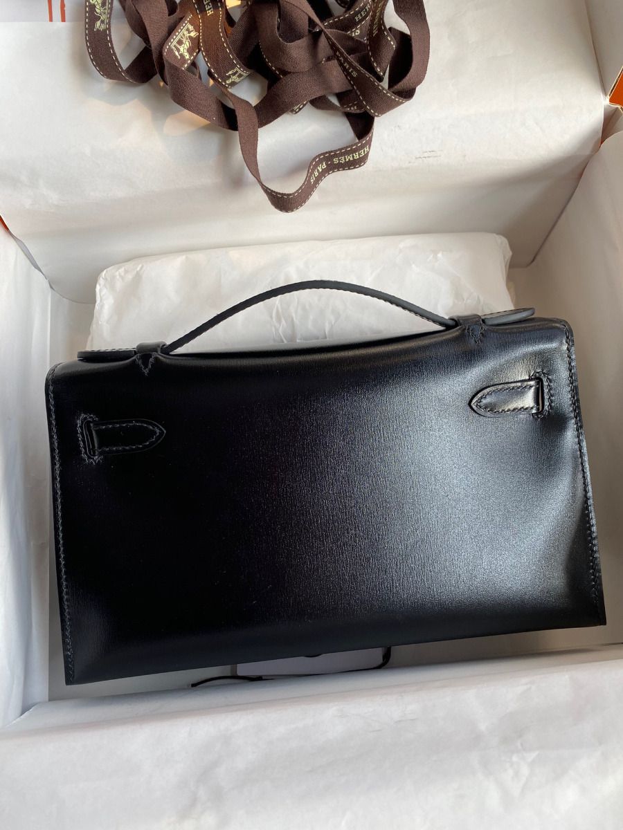 Hermes Kelly Pochette Handmade Bag In Black Box Calfskin - Image 3