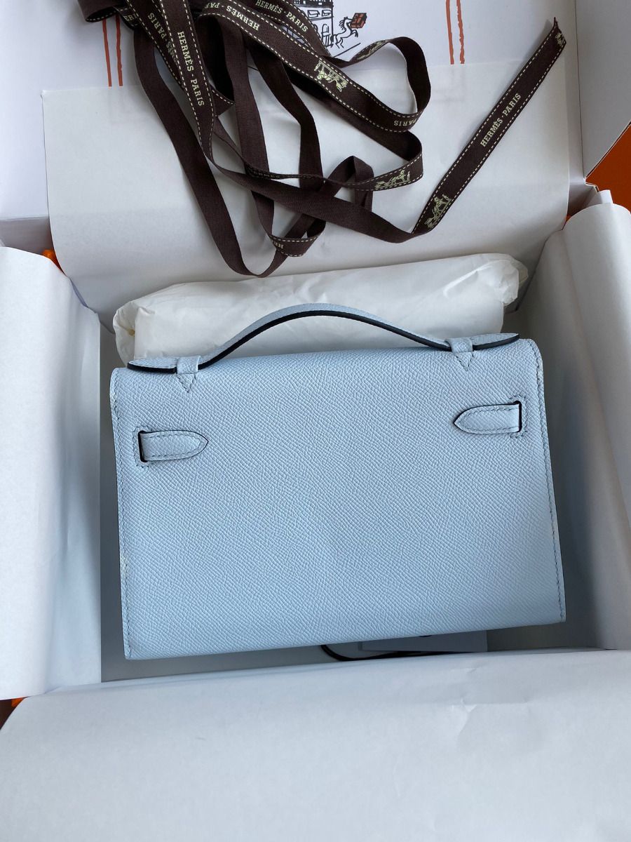 Hermes Kelly Pochette Handmade Bag In Blue Brume Epsom Calfskin - Image 3