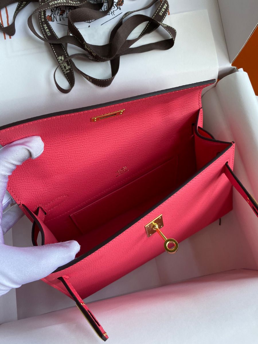 Hermes Kelly Pochette Handmade Bag In Rose Lipstick Epsom Calfskin - Image 9