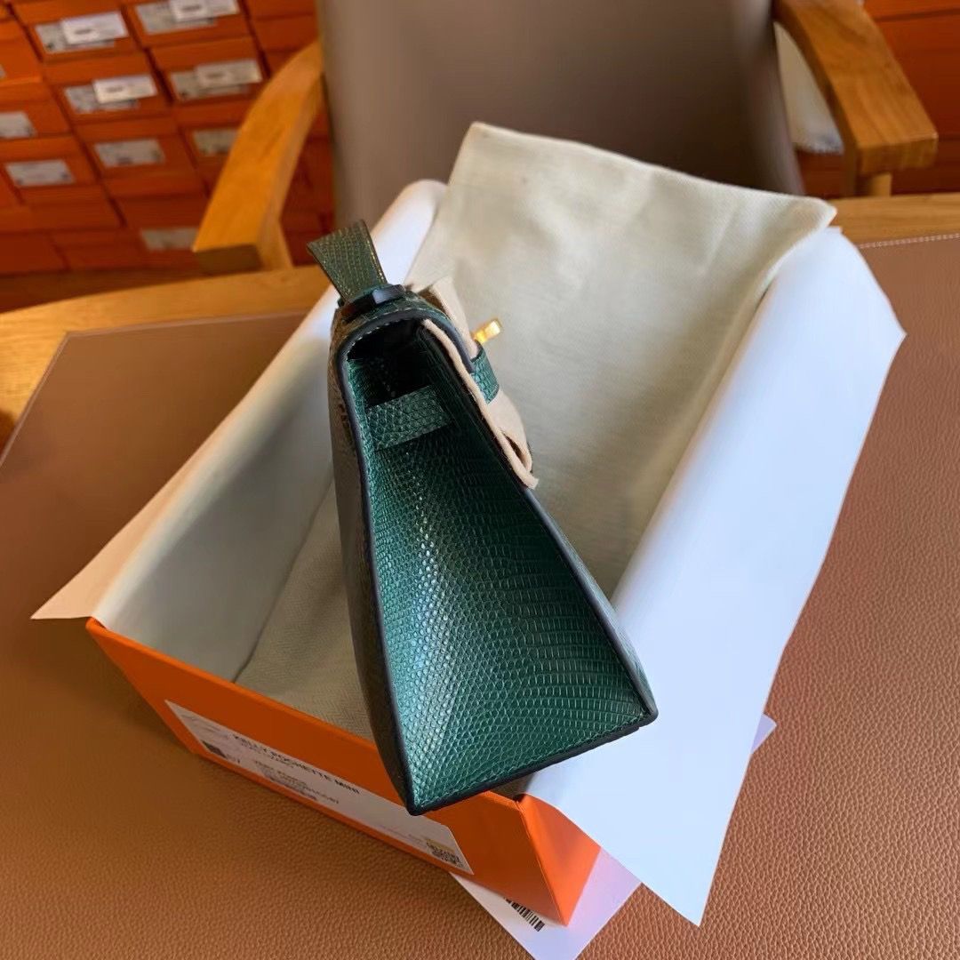 Hermes Kelly Pochette Handmade Bag in Vert Emeraud Lizard Skin - Image 4