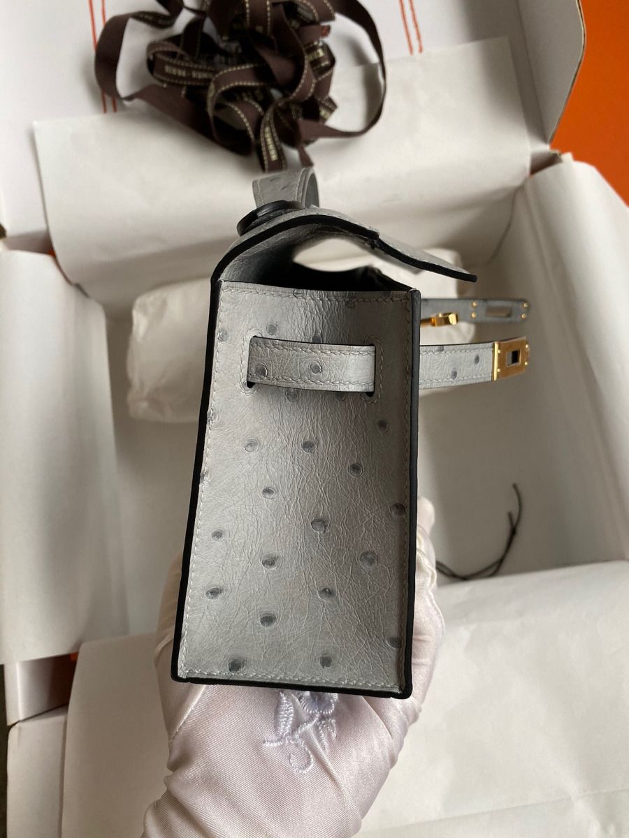 Hermes Kelly Pochette Handmade Bag In Blue Glacier Ostrich Leather - Image 8