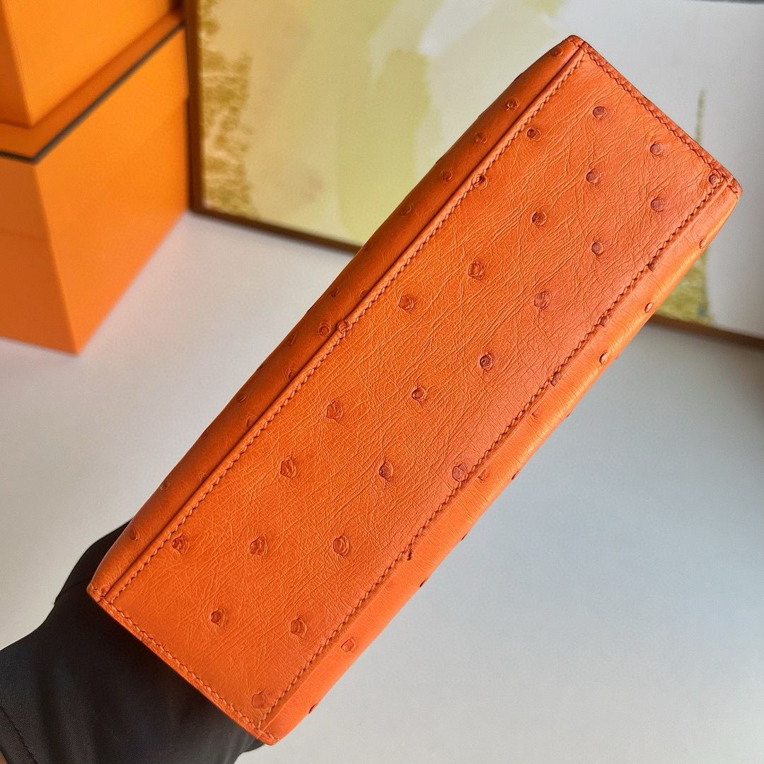 Hermes Kelly Pochette Handmade Bag in Orange Ostrich Leather - Image 9