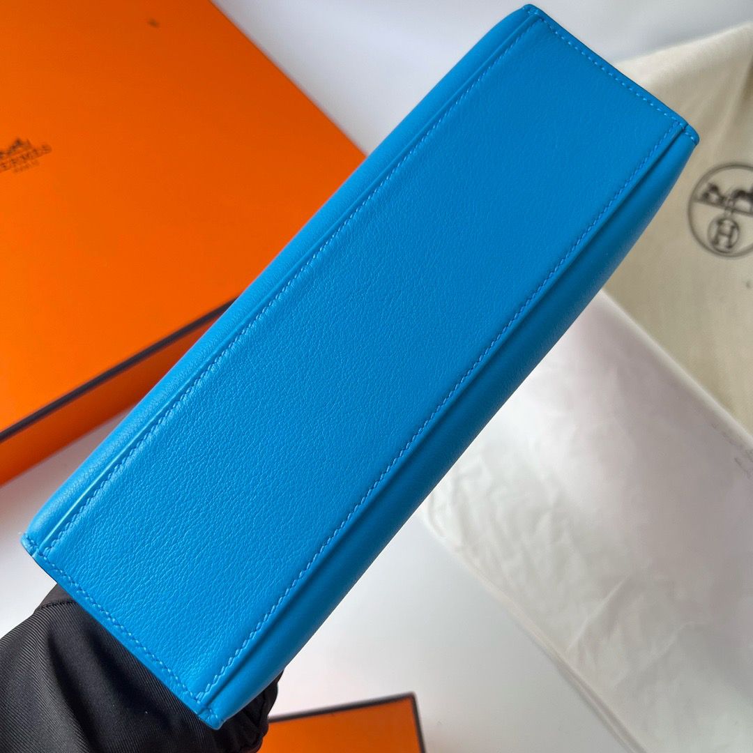 Hermes Kelly Pochette Handmade Bag In Blue Frida Swift Calfskin - Image 8