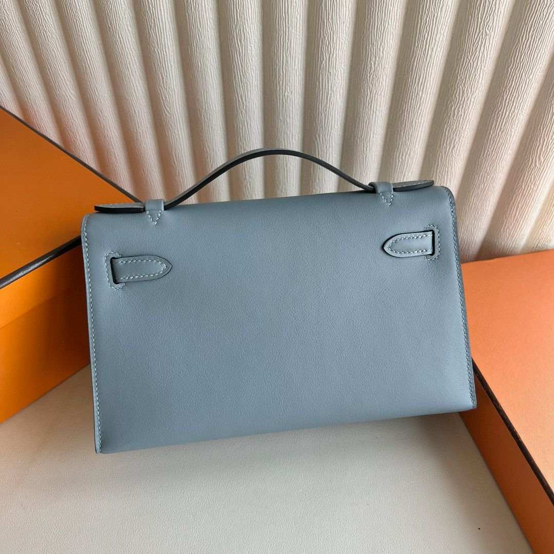 Hermes Kelly Pochette Handmade Bag in Blue Lin Swift Calfskin - Image 9