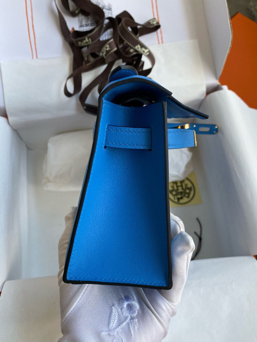 Hermes Kelly Pochette Handmade Bag In Blue Zanzibar Swift Calfskin - Image 8