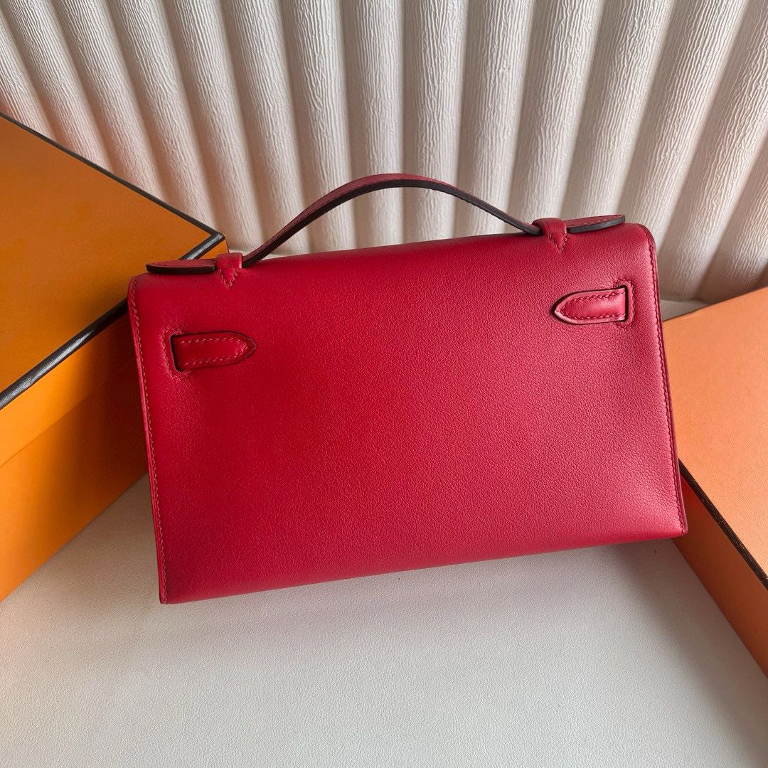 Hermes Kelly Pochette Handmade Bag in Red Swift Calfskin - Image 9