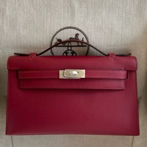 Hermes Kelly Pochette Handmade Bag in Rouge Grenat Swift Calfskin