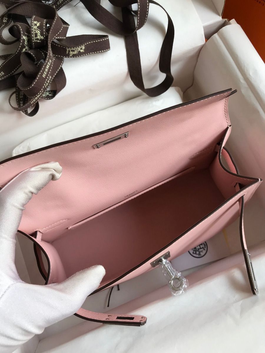 Hermes Kelly Pochette Handmade Bag In Rose Sakura Swift Calfskin - Image 8