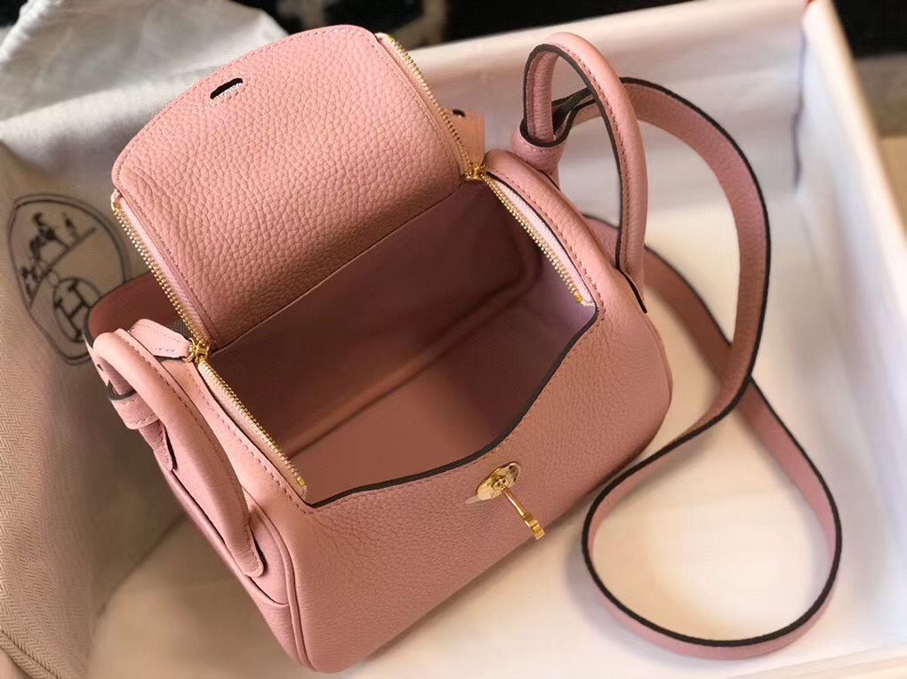 Hermes Lindy Mini Bag In Pink Clemence Leather GHW - Image 9