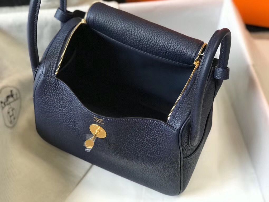 Hermes Lindy 26cm Bag In Navy Blue Clemence Leather GHW - Image 8