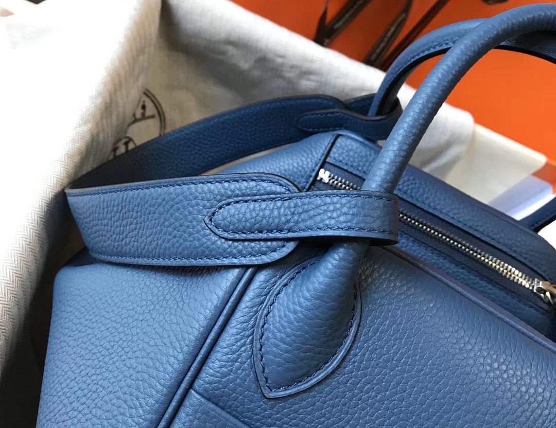 Hermes Lindy 30cm Bag In Blue Agate Clemence Leather PHW - Image 8