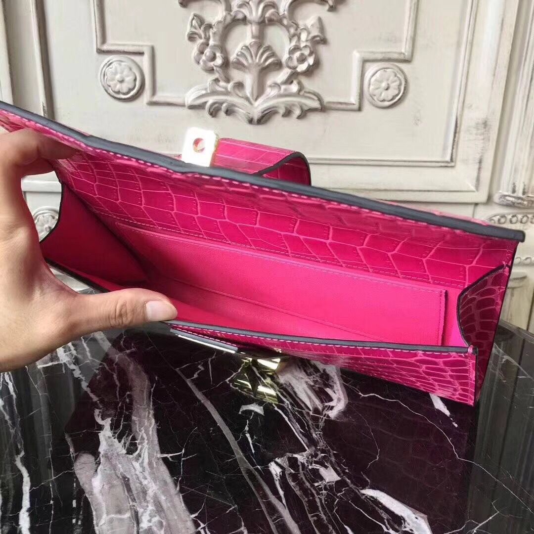 Hermes Medor Clutch Bag In Rose Red Crocodile Leather - Image 9