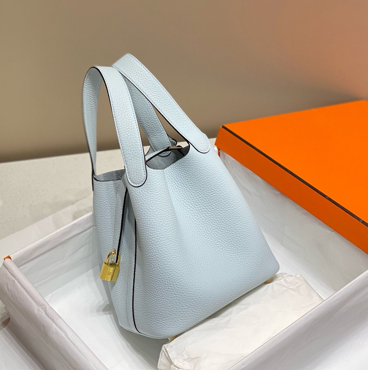 Hermes Picotin Lock 22 Bag In Blue Brume Clemence Leather - Image 3