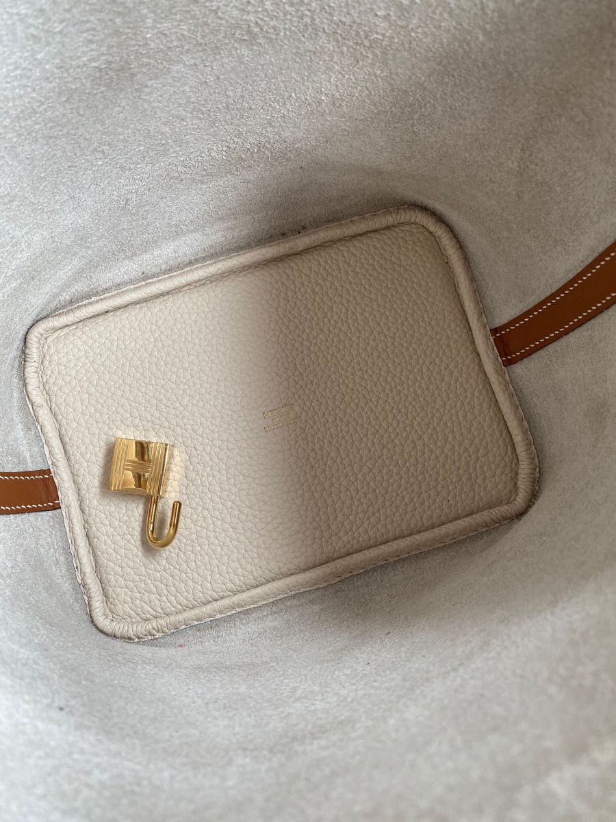 Hermes Picotin Lock 18 Bicolor Handmade Bag in Craie and Gold Clemence Leather - Image 7