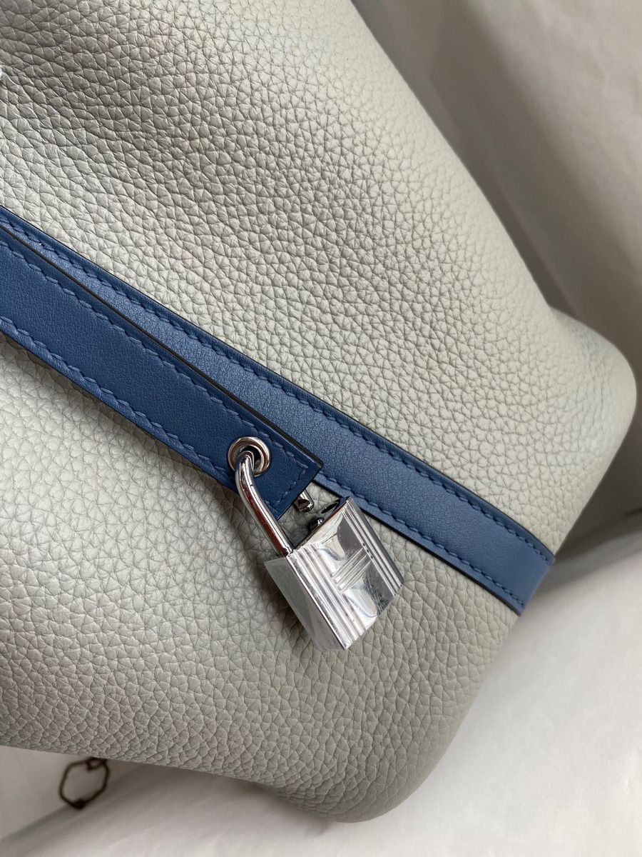 Hermes Picotin Lock 18 Bicolor Handmade Bag in Gris Mouette and Blue Agate Swift Leather - Image 4
