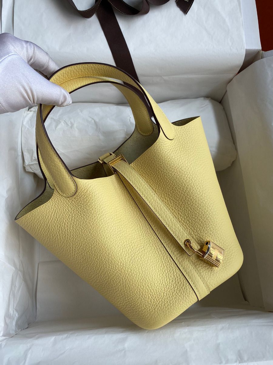 Hermes Picotin Lock 18 Handmade Bag in Jaune Poussin Clemence Leather - Image 3