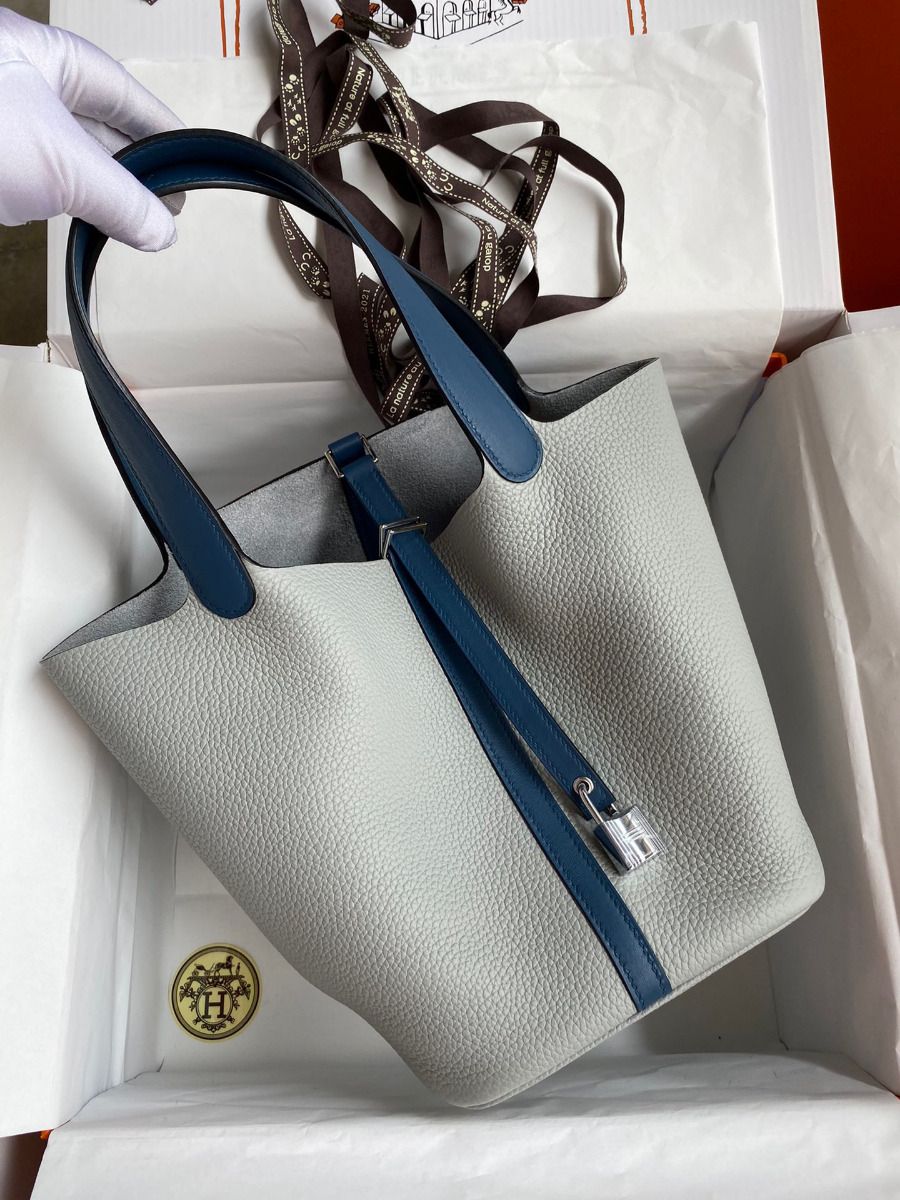 Hermes Picotin Lock 22 Bicolor Handmade Bag in Gris Mouette and Blue Agate Swift Leather - Image 3