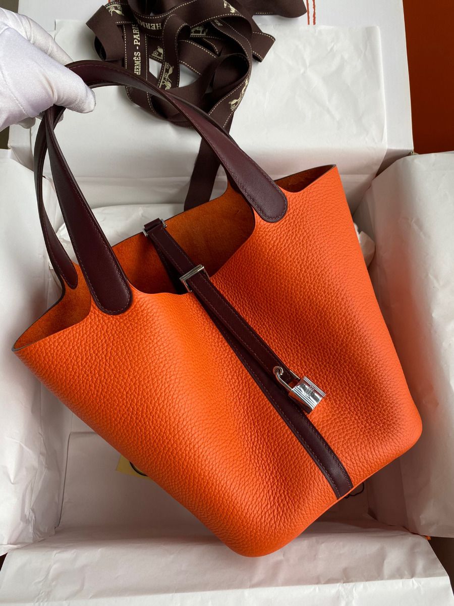 Hermes Picotin Lock 22 Bicolor Handmade Bag in Orange and Burgundy Swift Leather - Image 3
