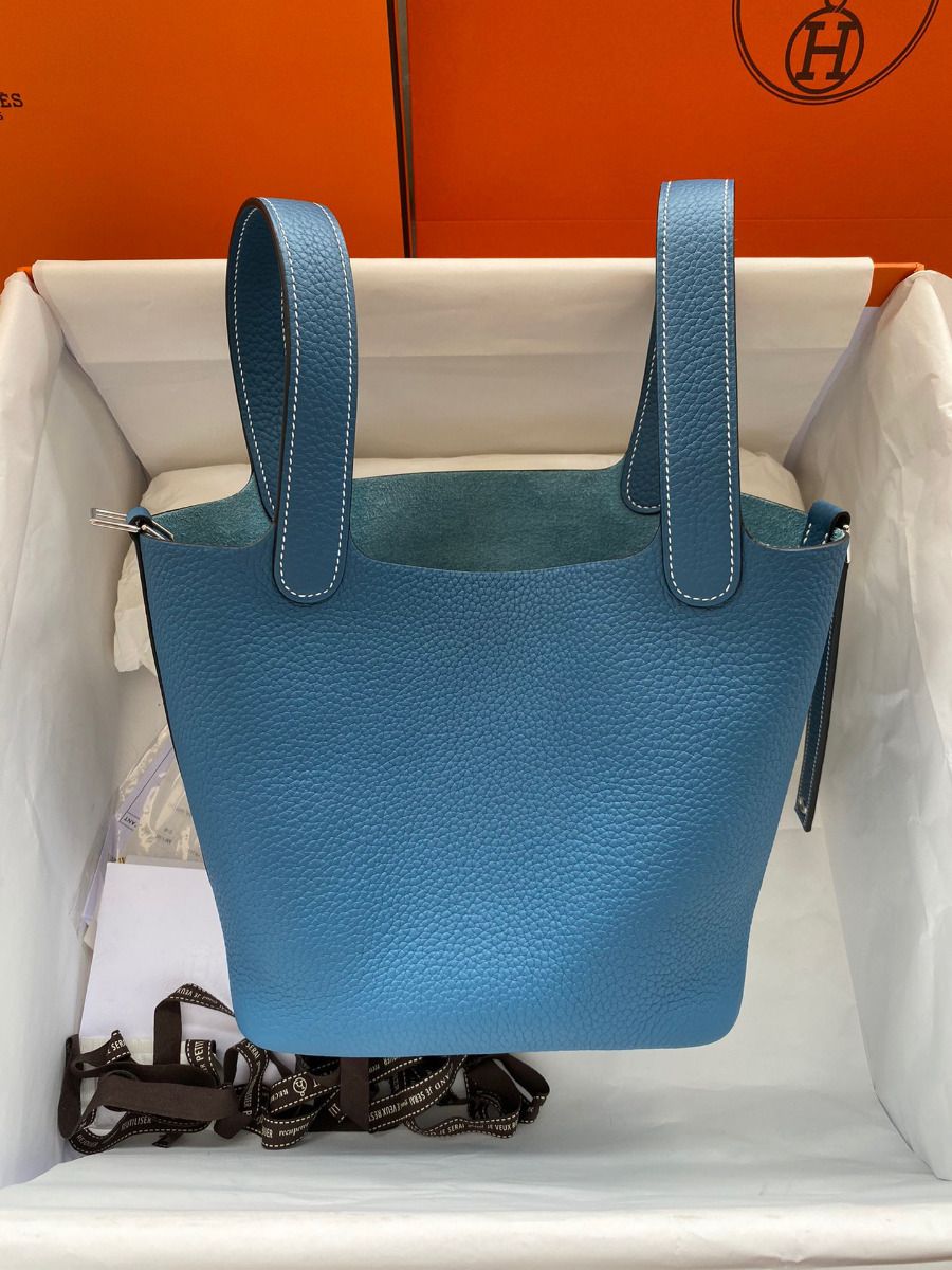 Hermes Picotin Lock 22 Handmade Bag in Blue Jean Clemence Leather - Image 10