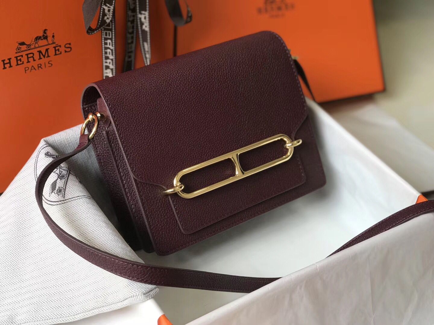 Hermes Mini Sac Roulis 18cm Bag In Burgundy Evercolor Calfskin - Image 5
