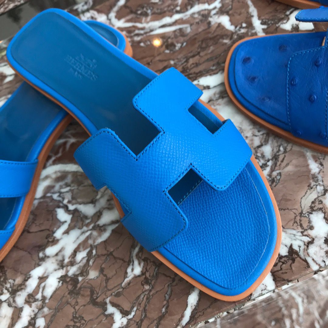 Hermes Oran Slide Sandals In Blue Hydra Epsom Calfskin - Image 5