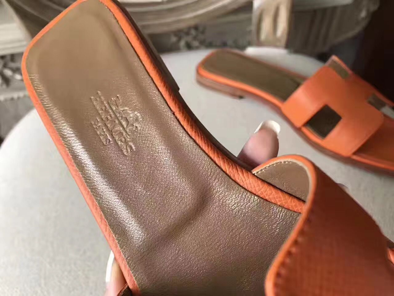 Hermes Oran Sandals In Orange Epsom Leather - Image 8