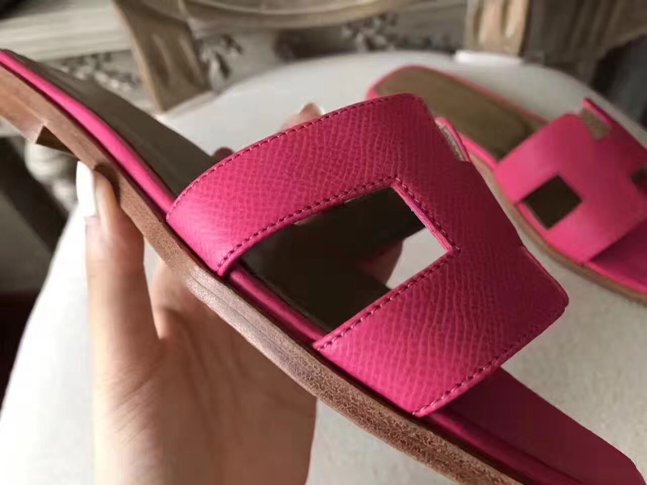Hermes Oran Sandals In Rose Red Epsom Leather - Image 9