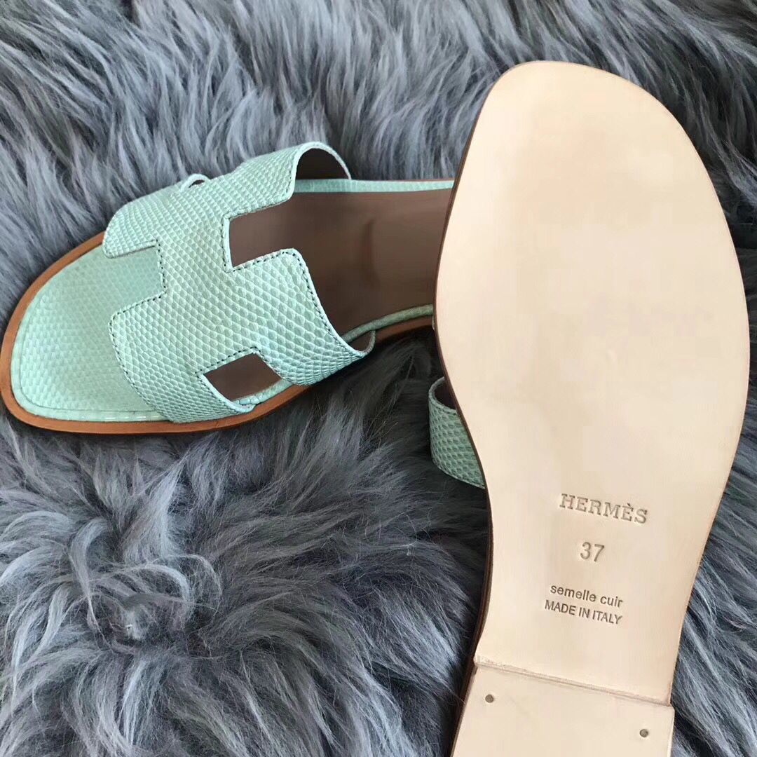 Hermes Oran Sandals In Aqua Lizard Leather - Image 5