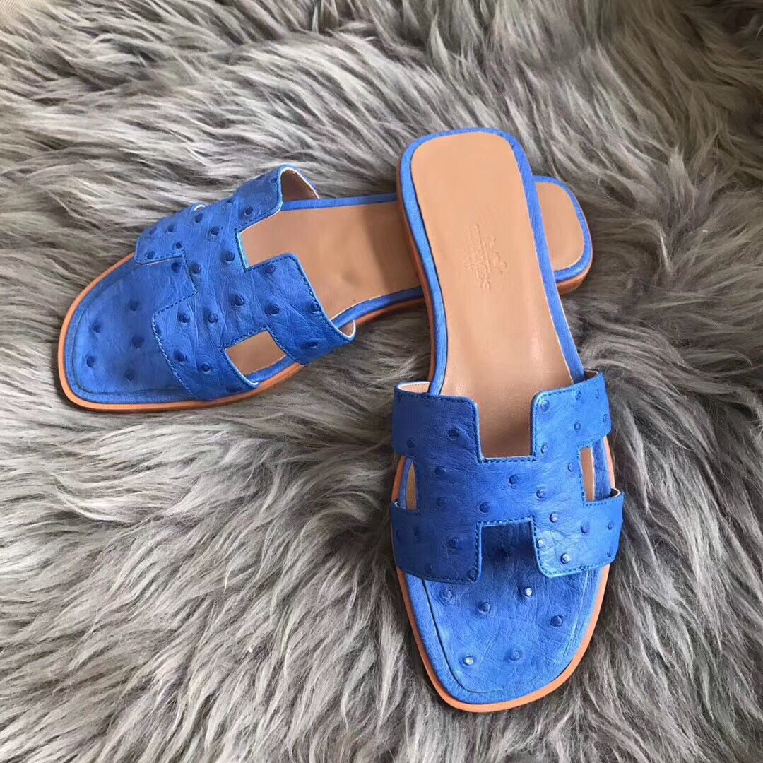 Hermes Oran Sandals In Blue Hydra Ostrich Leather - Image 3
