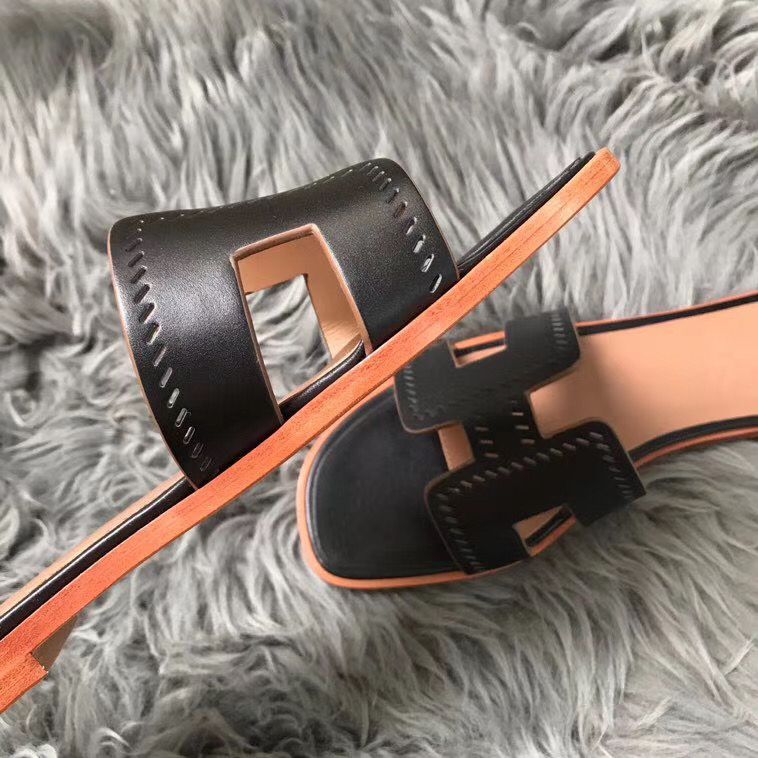 Hermes Oran Perforated Sandals In Black Swift Leather - Image 6