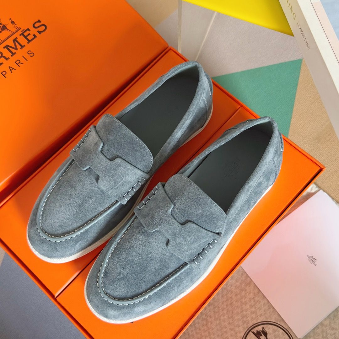 Hermes Men's Job Loafers in Blue Grignon Suede Calfskin - Image 7