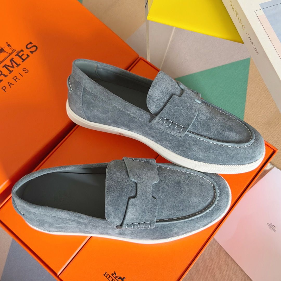 Hermes Men's Job Loafers in Blue Grignon Suede Calfskin - Image 8