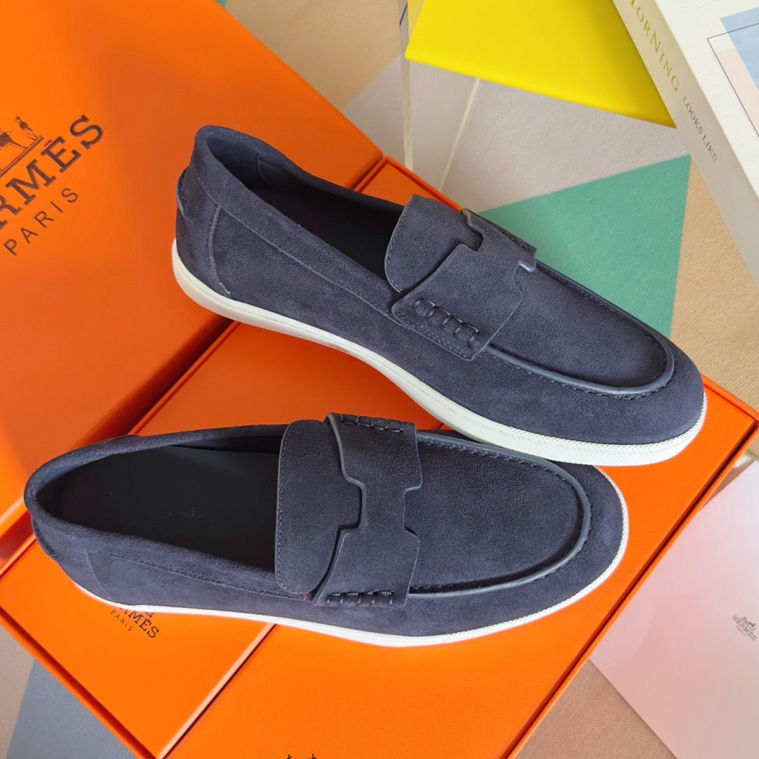 Hermes Men's Job Loafers in Blue Suede Calfskin - Image 8